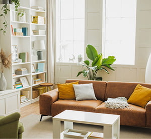 Living room with orange couch